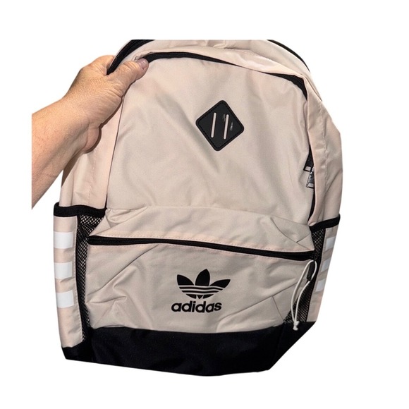 Adidas Backpack Beige Black Trefoil Logo Classic 3 Stripe School Book Bag - Picture 3 of 10